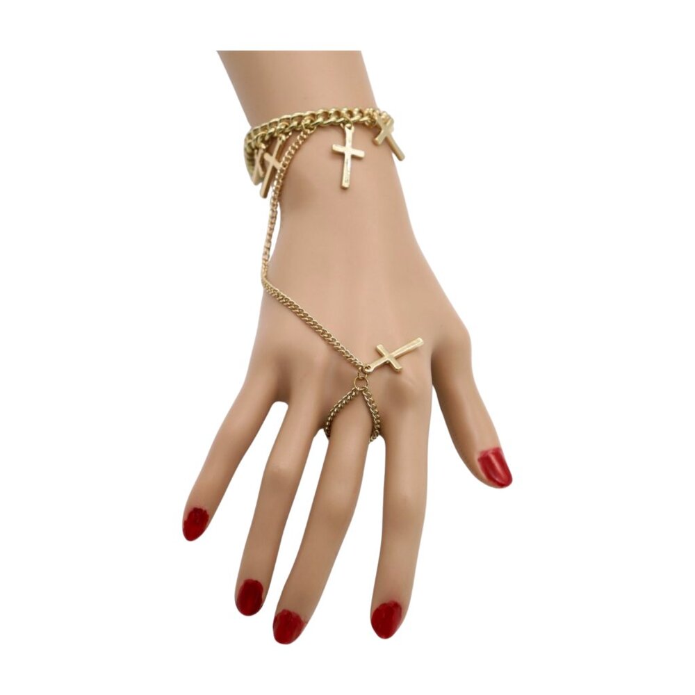 New Women Fashion Gold Metal Hand Chain Bracelet Cross Charm Ring Connected